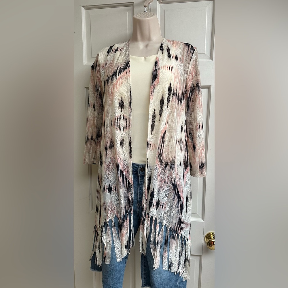 Travelers by Chicos mesh knit southwest Ikat open cardigan with fringe detail